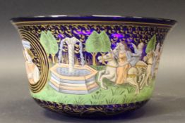 A 19th Century Bohemian blue glass bowl with enamel decoration of figures in medieval dress