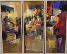 MIKE BERNARD (b. 1957) "The market", abstract mixed media, triptych