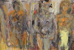 ATTRIBUTED TO HUGO A NAVARRO "Abstract nudes", three figures standing, oil on board,