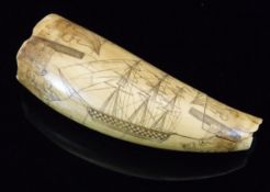 WITHDRAWN A 19th Century scrimshaw carved whale's tooth depicting a three-masted whaling ship