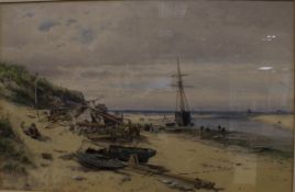 GEORGE WOLFE (1834-1890) "Coastal landscape with beached vessels and figures",