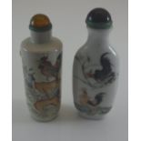 A Japanese Meiji period pottery cylindrical snuff bottle decorated with cockerel crowing upon a