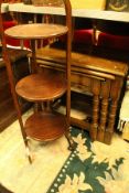 A modern oak nest of three occasional tables, an Edwardian mahogany folding three tier cake stand,