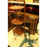 A modern oak nest of three occasional tables, an Edwardian mahogany folding three tier cake stand,