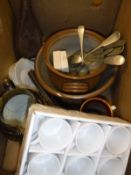 One box containing a leather powder flask, stoneware colander, stoneware pot,