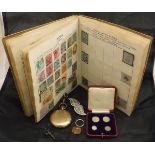 A gold plated cased Waltham pocket watch, a cased set of four 1923 Maundy money coins,