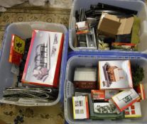 Three plastic containers of various Hornby 00 accessories and track including station terminus,