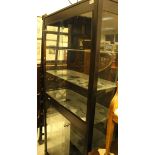 A black ash and glazed display cabinet with sliding doors,