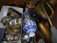 One box containing a selection of various items to include a brass horn, various pewter mugs,