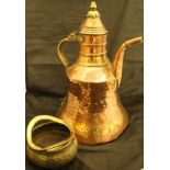 A Middle Eastern copper and brass coffee pot and a Chinese brass censer bearing faux Ming marks
