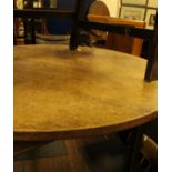 An oak cricket table (cut down), three stick back kitchen chairs and another similar,