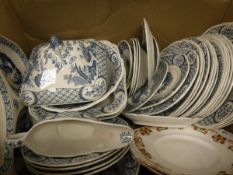 Four boxes of miscellaneous items to include an "Old Chelsea" pattern blue and white dinner service