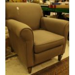A modern mushroom upholstered scroll arm chair on square tapered legs