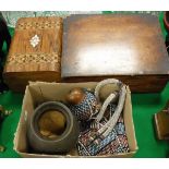 A 19th Century walnut and parquetry inlaid box with a central mother of pearl medallion,