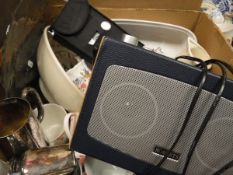 Two boxes of miscellaneous items to include a Roberts DAB digital radio, electro-plated mug,