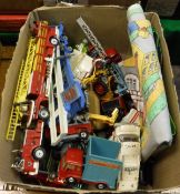 A box of various playworn model vehicles including Dinky Toys Ford Transit van,