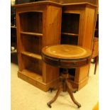 Two modern pine open bookcases and a mahogany occasional table of drum table form