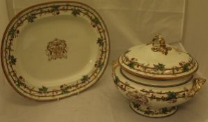 A Copeland lidded tureen and a serving plate decorated with armorial amongst flower on vine on
