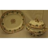 A Copeland lidded tureen and a serving plate decorated with armorial amongst flower on vine on