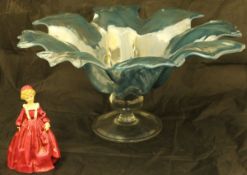An glass dish as a blue open flower head raised upon a knop base to circular foot,