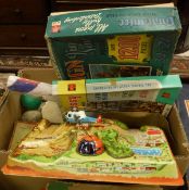 Three boxes containing various toys, games and puzzles including Flying Helicopter game,