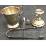 A George V silver Christening mug of conical form (Birmingham 1934), a silver thimble,