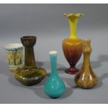 A Linthorpe yellow, orange glazed vase with frill neck, a small Linthorpe turquoise glazed vase,