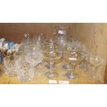 A quantity of cut glass including a set of six Babycham glasses, large lemonade jug, fruit bowl,