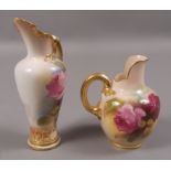 A Royal Worcester ewer painted with pink and red roses, shape number 1587, date cypher for 1910,