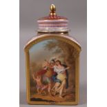 A 'Vienna' porcelain tea caddy painted with two classical scenes, figures in a garden,