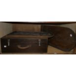 A large plywood carrying case with leather handle,