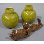 A pair of Middleton Leeds Pottery green glazed globular vases 11.