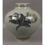 A ROYAL COPENHAGEN CRACKLE GLAZE VASE, ovoid, the pale green ground painted in grey,