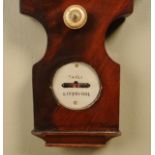 A MAHOGANY BANJO BAROMETER-THERMOMETER by Bayli of Liverpool, having a silvered dial, thermometer,