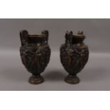 A PAIR OF 19TH CENTURY ELKINGTON & CO BRONZE TWO-HANDLED VASES of classical design,