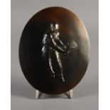 A SET OF SIX ART DECO BRONZED METAL OVAL SPORTS PLAQUES, 1930s,