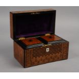 A 19TH CENTURY PARQUETRY BURR OAK TEA CADDY, c.