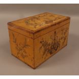 A GEORGE III SATIN WOOD AND MARQUETRY INLAID TEA CADDY, crossbanded in rosewood, rectangular,