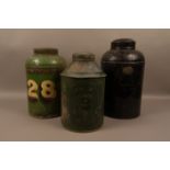 A 19TH CENTURY TEA CANISTER with original gilt and cream paintwork on a green ground, numbered '28',