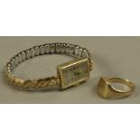 A scrap signet ring in 9ct gold case and a lady's wristwatch in a scrap 9ct gold case,