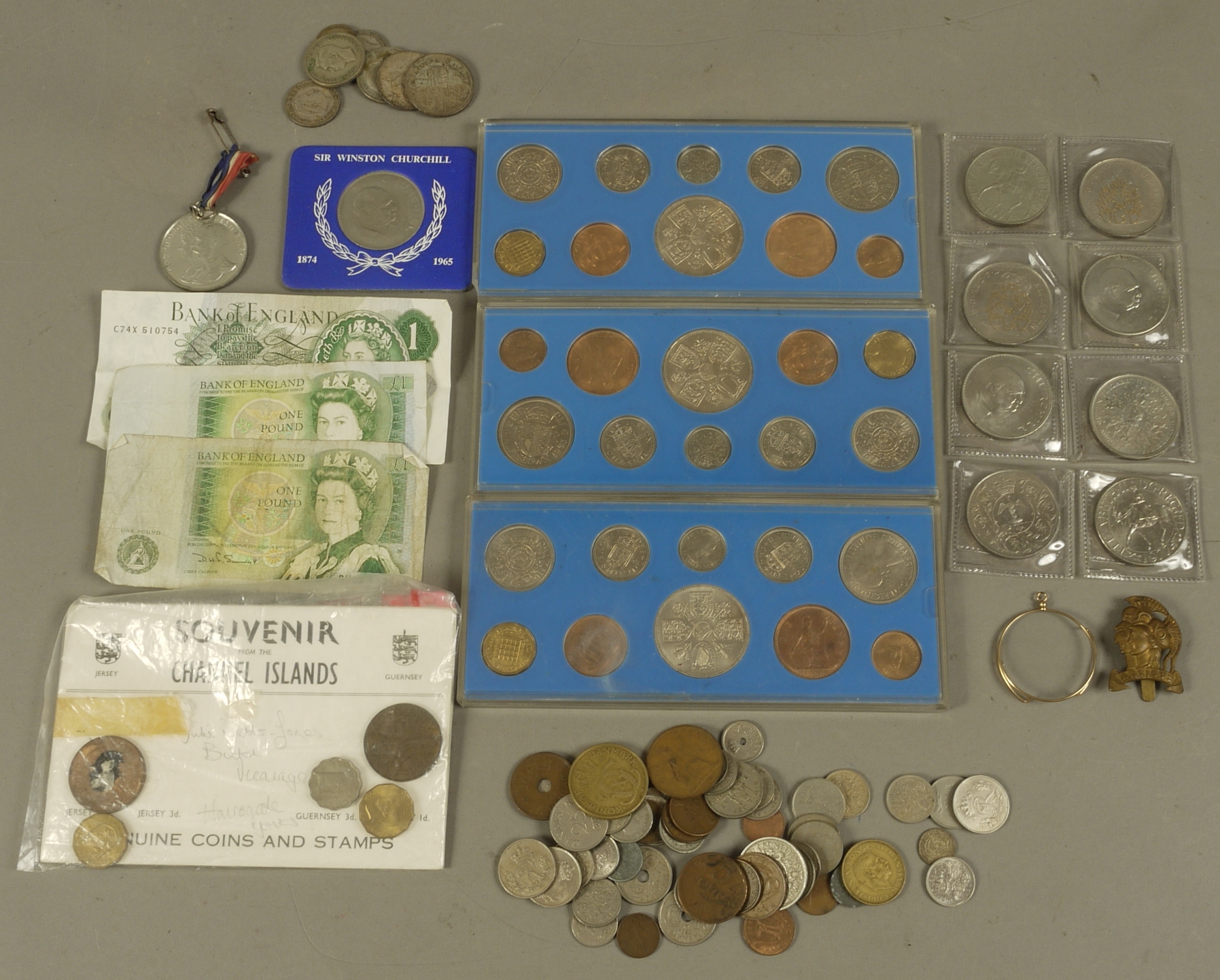 Box of miscellaneous coins and banknotes including 2ozs of mixed silver coins,