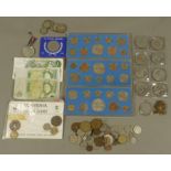 Box of miscellaneous coins and banknotes including 2ozs of mixed silver coins,