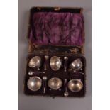 A set of six silver open cauldron salts and matching spoons, Birmingham 1886,