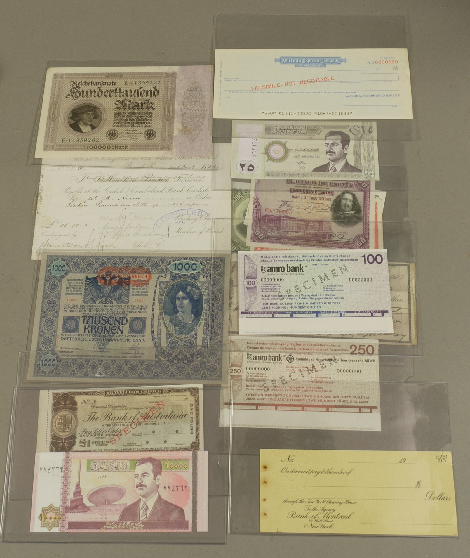 Miscellaneous lot of bank notes and cheques