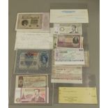 Miscellaneous lot of bank notes and cheques