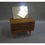 Teak dressing table having a rectangular mirror and three drawers with bar handles