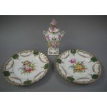 A pair of Dresden shaped circular floral painted plates and a floral encrusted vase, plates 17.