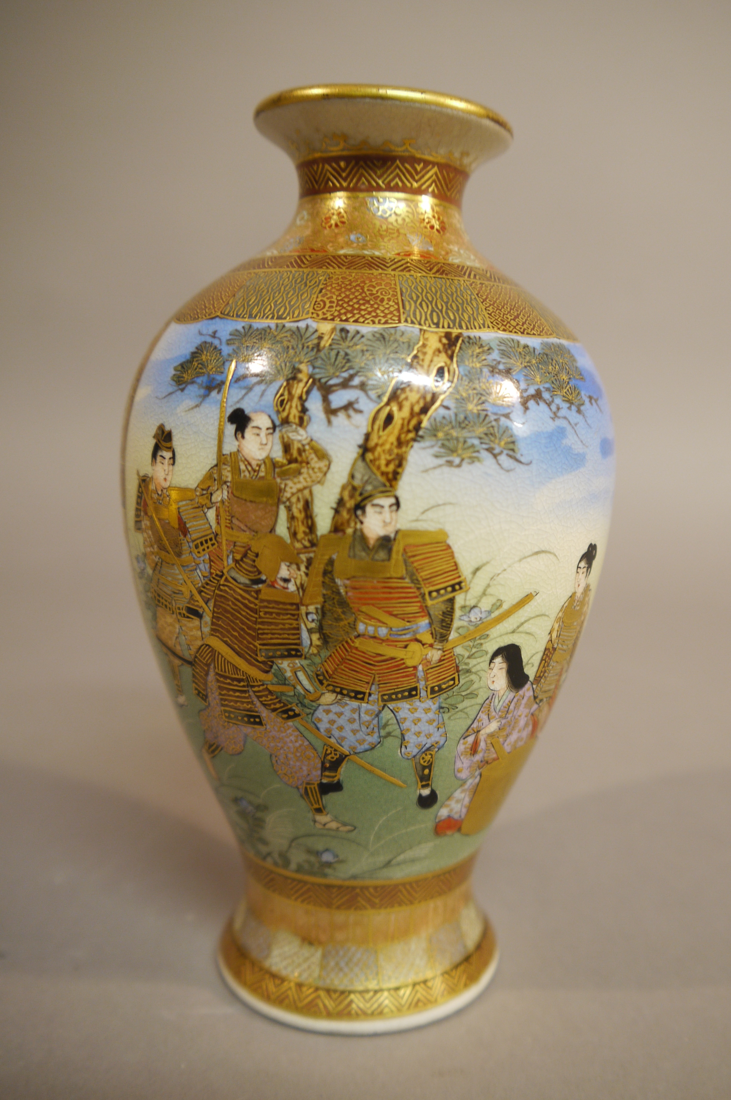 A good pair of Japanese satsuma pottery baluster vases each painted with two panels, - Image 5 of 6