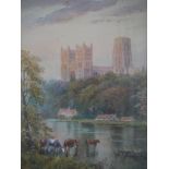 English school late 19th/early 20th century, cathedral above a river with cattle watering,