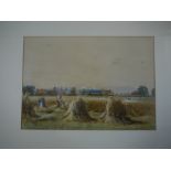 J Smith - figures stacking corn, a summer village scene, watercolour heightened body colour,